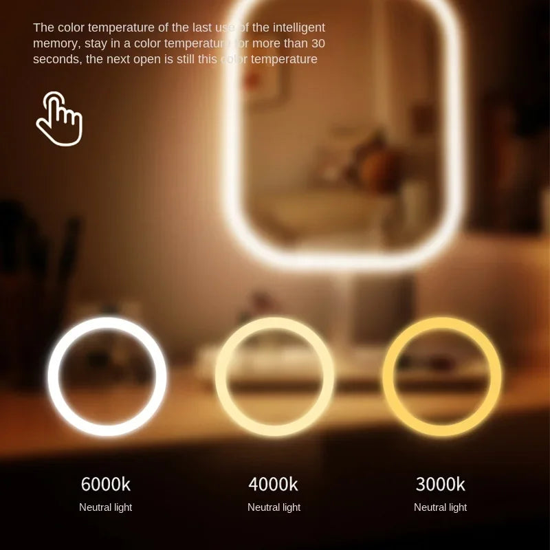 Miroir de Maquillage LED Bureau — 3 Couleurs & Luminosité Réglable