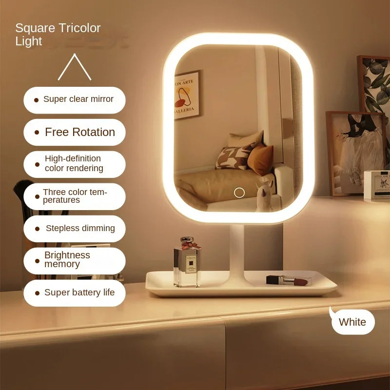 Miroir de Maquillage LED Bureau — 3 Couleurs & Luminosité Réglable
