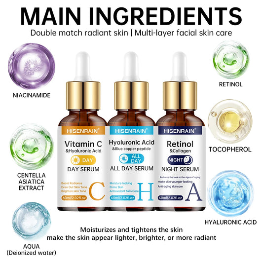 Sérum Visage Triple Action — Vitamine C, Rétinol & Acide Hyaluronique