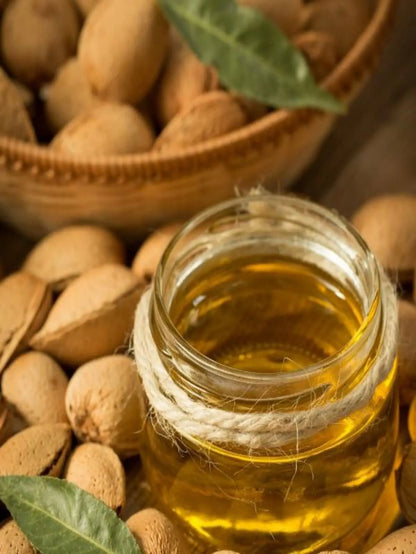 Flacon huile amande douce soin naturel, Application sérum huile amande peau douce