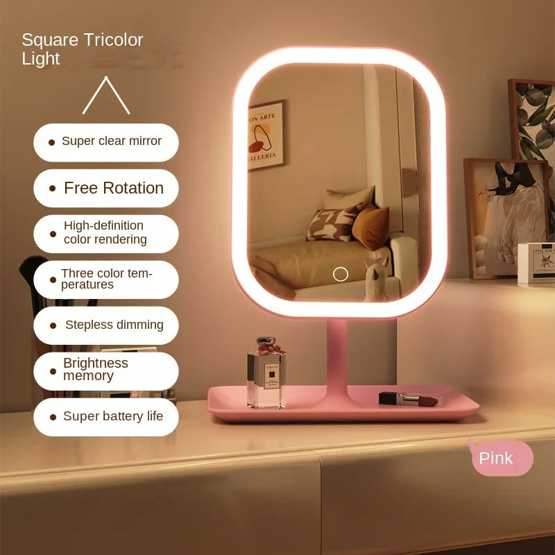 Miroir de Maquillage LED Bureau — 3 Couleurs & Luminosité Réglable